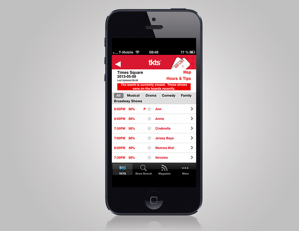 TKTS app Broadway